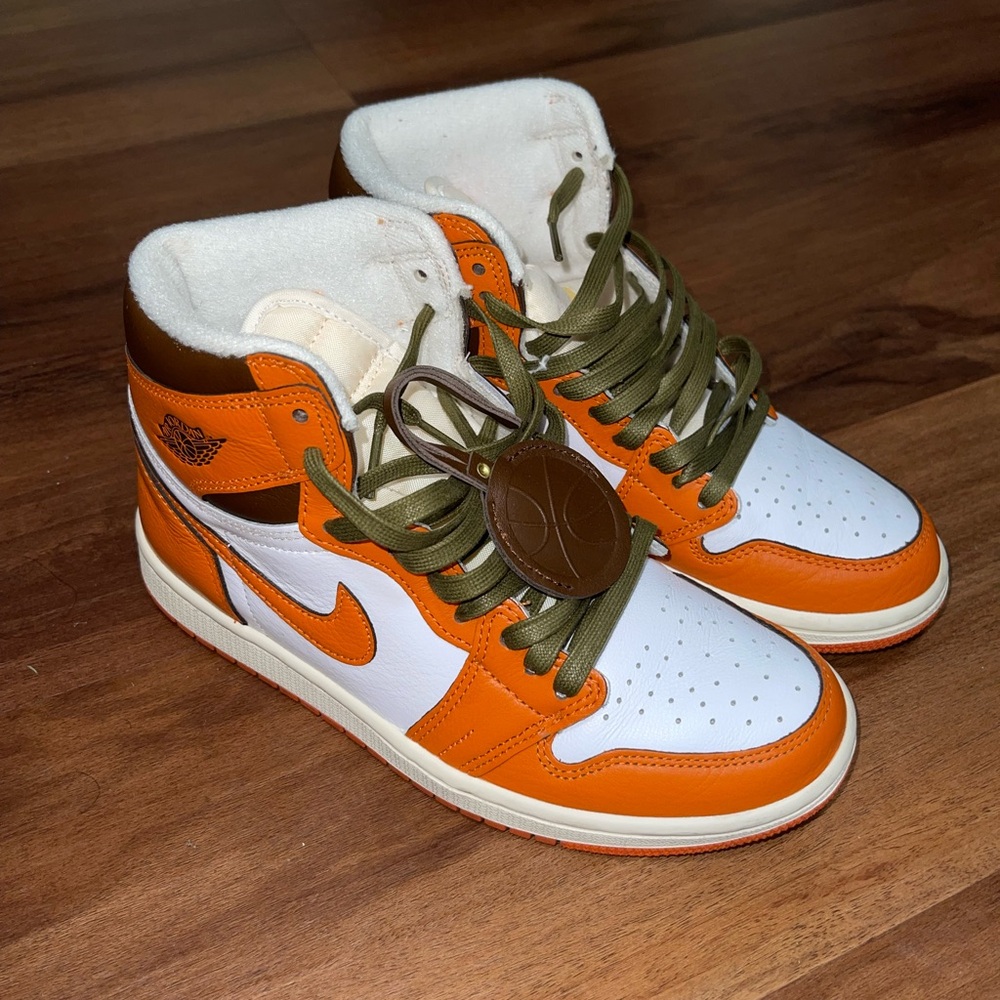 Jordan 1 High Orange White Sneakers with Olive Laces